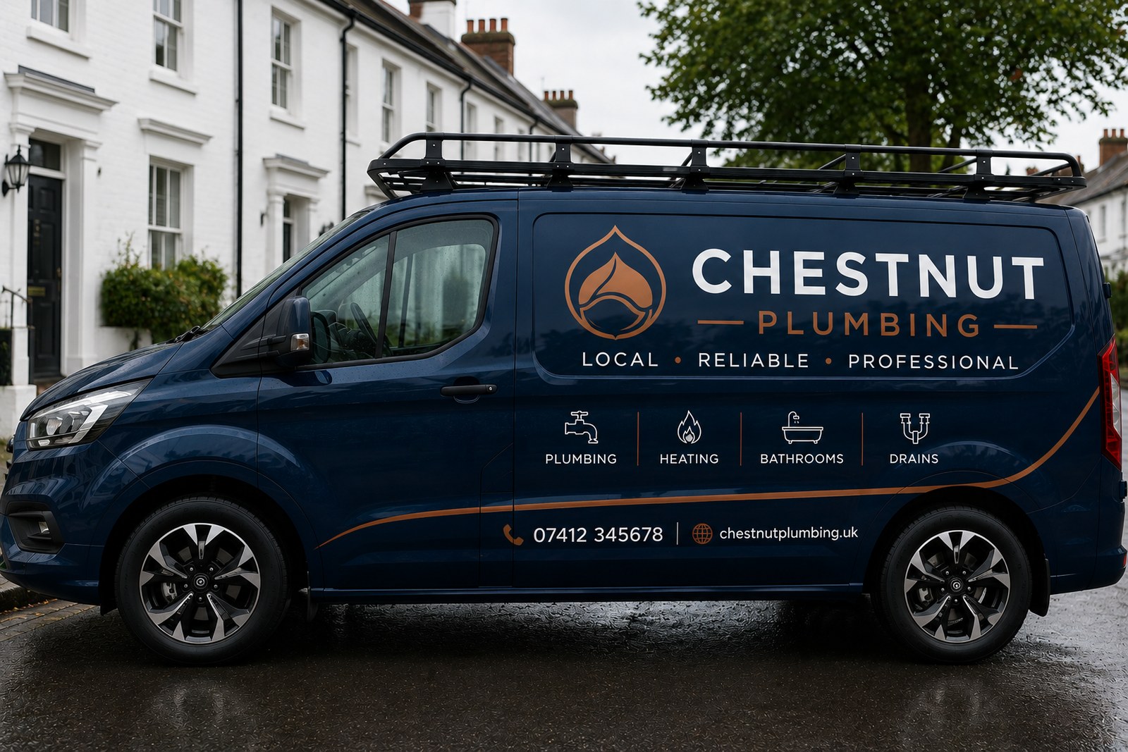 Chestnut Plumbing branded navy van serving Hemel Hempstead and St Albans